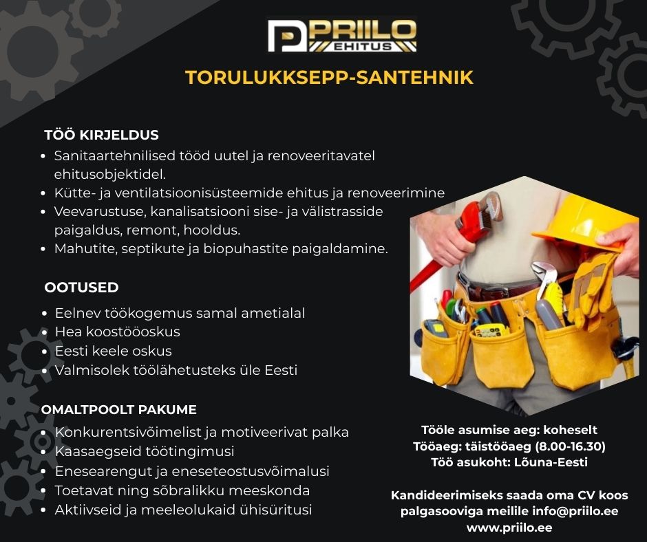 Tööpakkumine torulukksepp-santehnikule