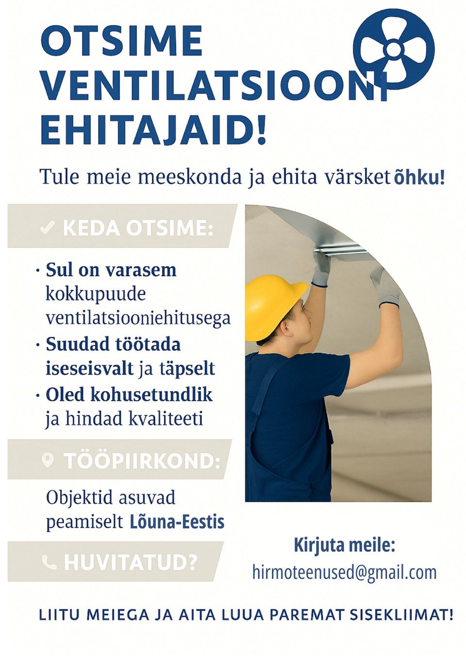 Tööpakkumine ventilatsiooni ehitajale