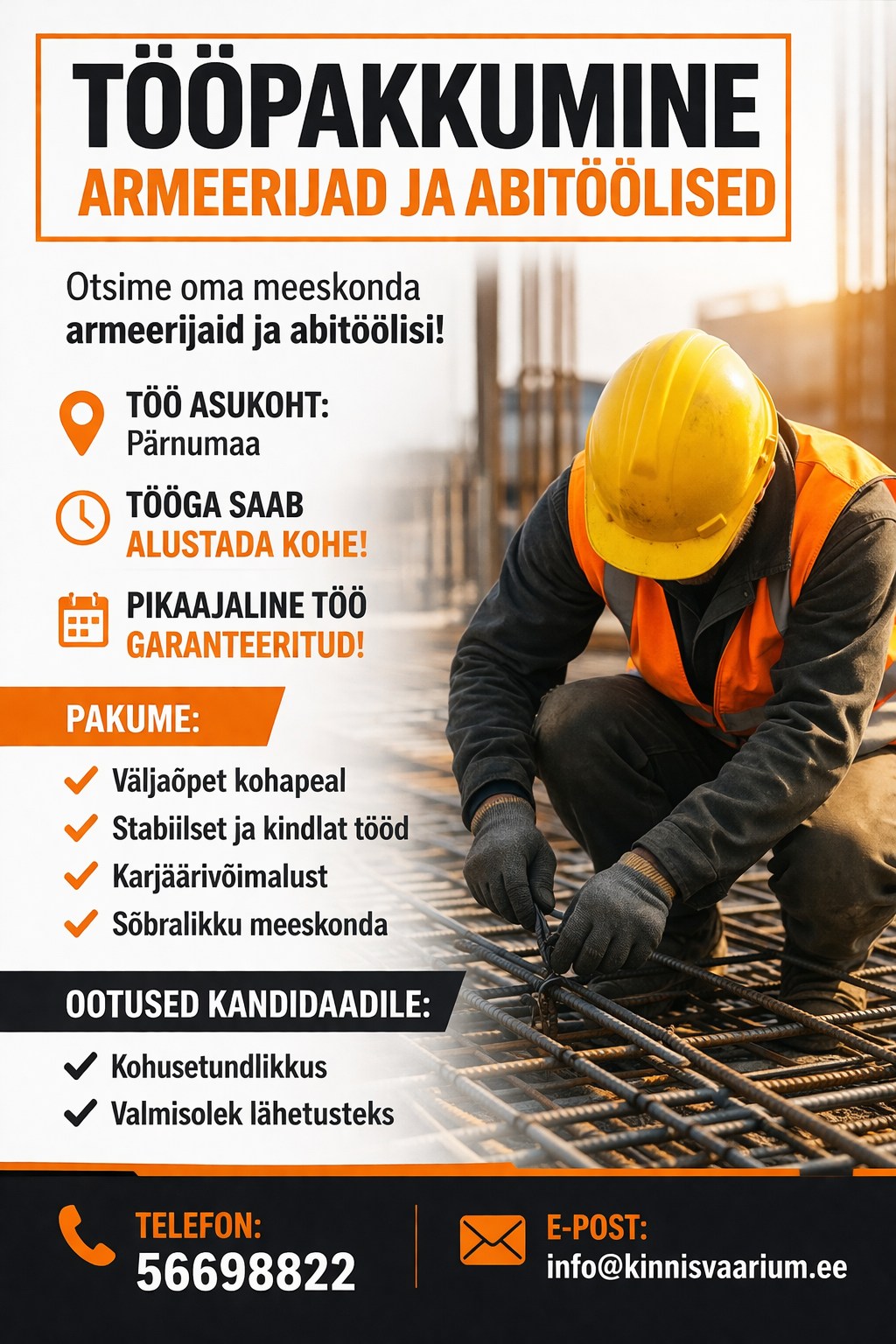 Tööpakkumine armeerijale ja abitöölisele Pärnus