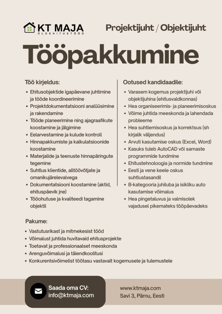 Tööpakkumine objektijuhile Pärnus