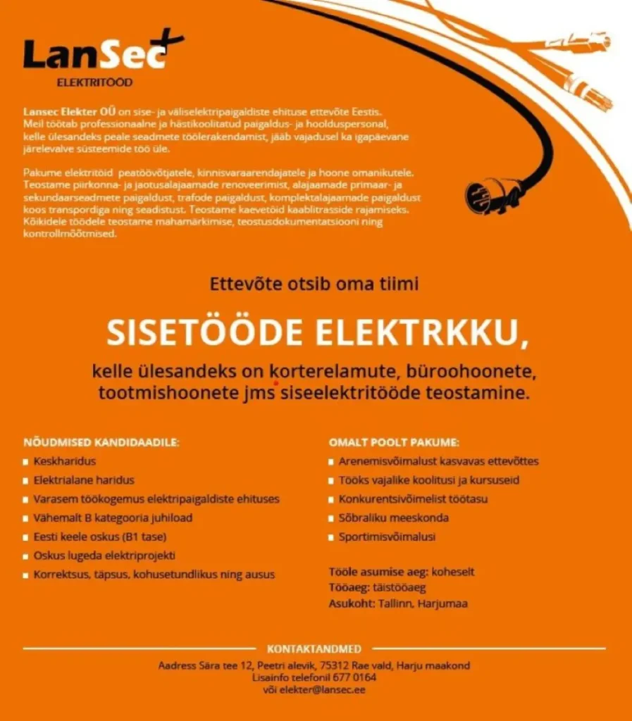 Tööpakkumine elektrikule Tallinnas