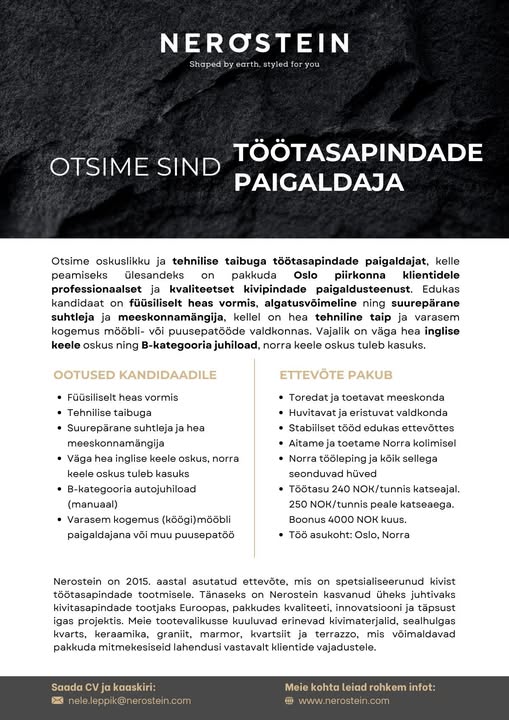 Tööpakkumine töötasapindade paigaldajale Norras