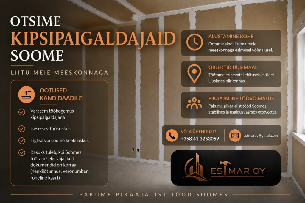 Tööpakkumine kipsipaigaldajatele Soomes