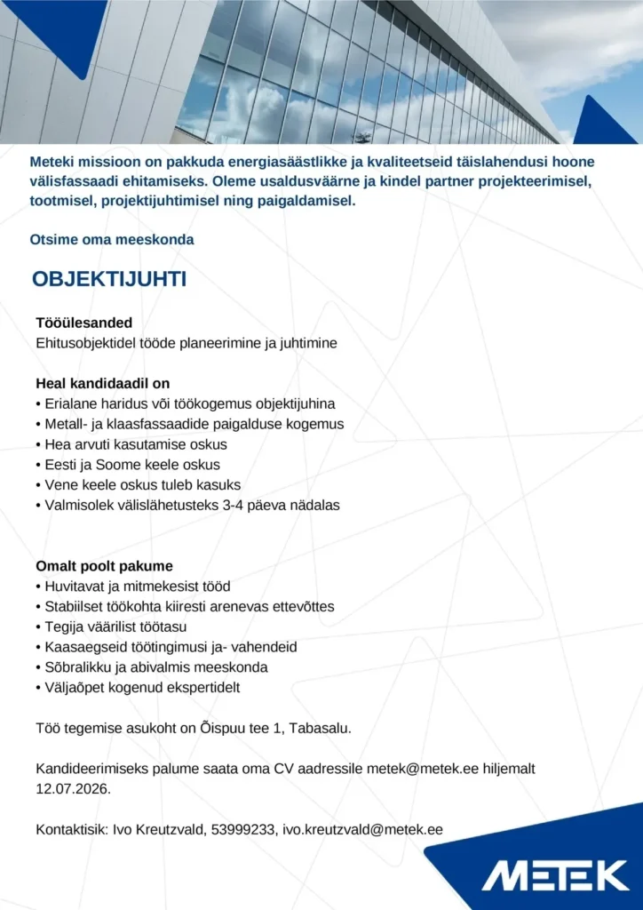Tööpakkumine objektijuhile Harku vallas
