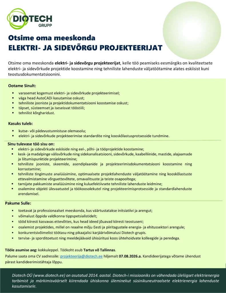Tööpakkumine elektri- ja sidevõrgu projekteerijale