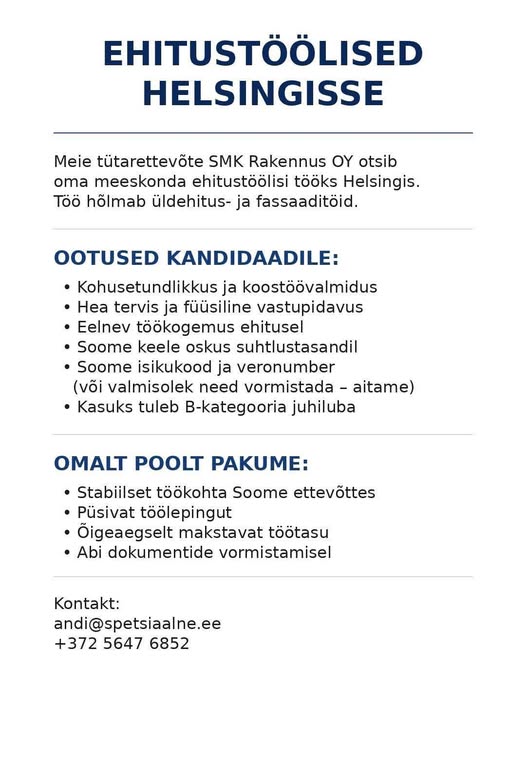 Tööpakkumine ehitustöölistele Helsingis